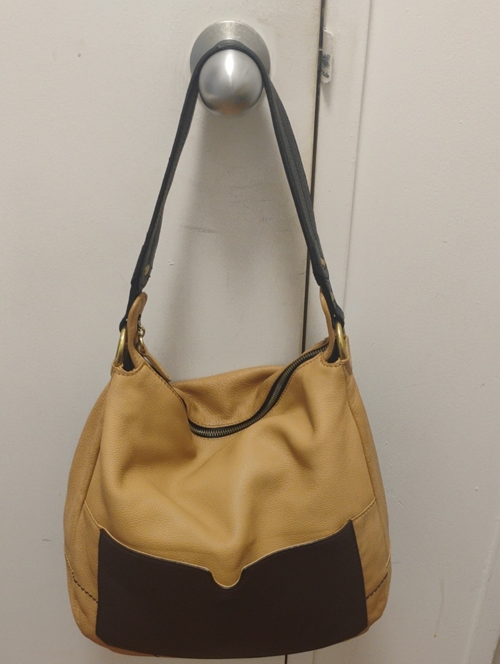 orYANY Two-Tone Leather Hobo Bag in Tan and Brown
